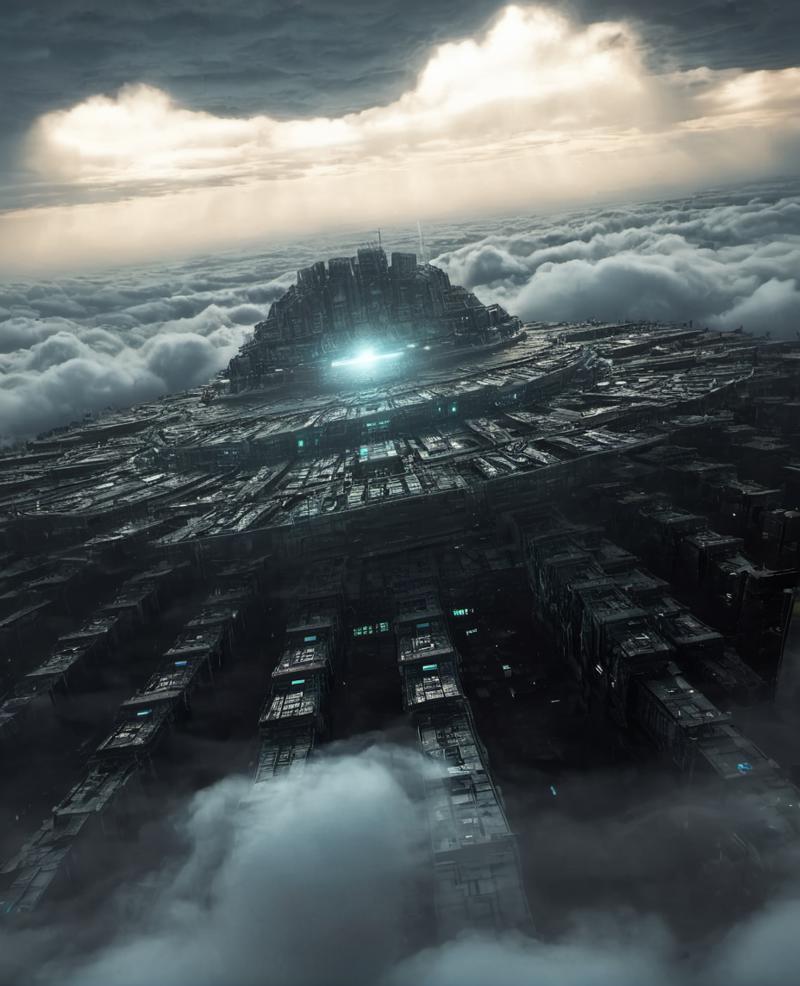 00056-bleakfaith,gigantic glowing cloud monster,lying between floating omnistructures,surrounded by clouds,science fiction,panorama of.png